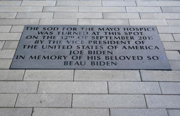 The plaque at the hospice in memory of Beau Biden,