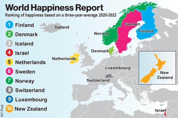 Map of happiest countries in the world