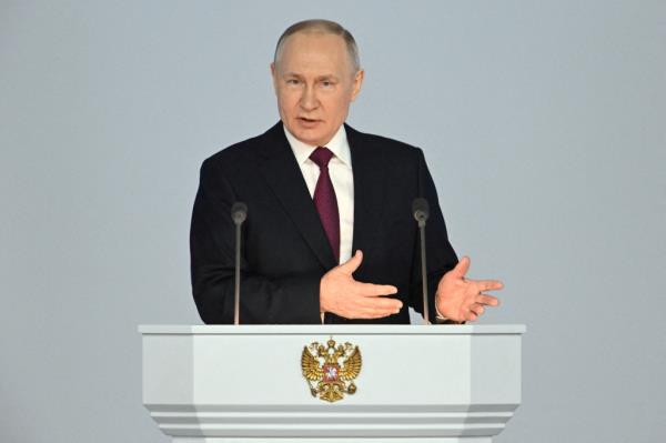 Russian President Vladimir Putin delivers his annual address to the Federal Assembly in Moscow, Russia February 21, 2023. 