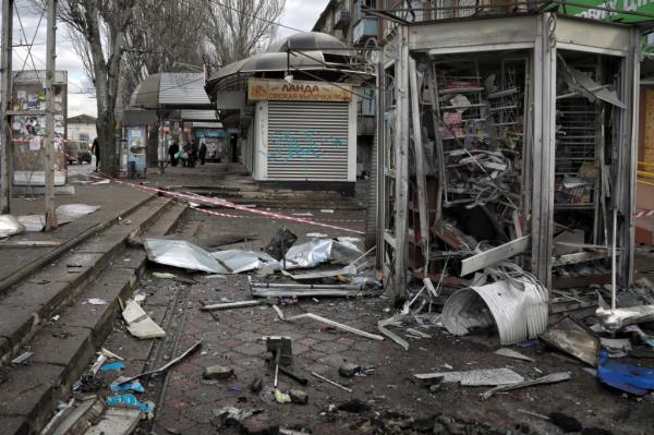 Damaged kiosks seen after a deadly Russian shelling.