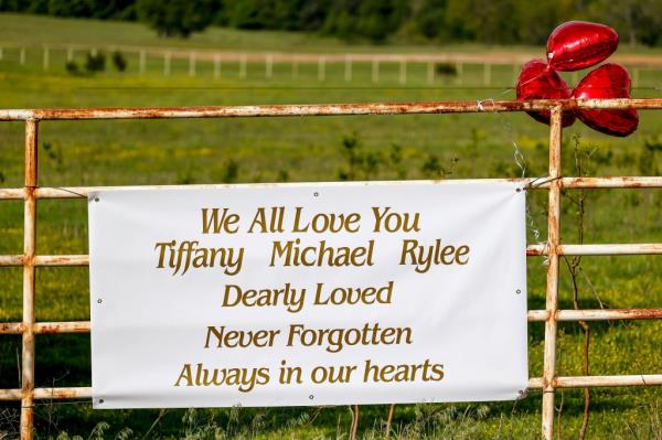 A memorial for Tiffany Guess, Michael Mayo and Rylee Allen is placed outside the home on Wednesday, May 3, 2023, wher<em></em>e seven bodies were discovered.