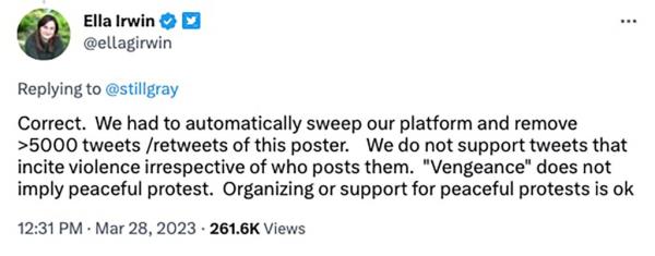 Tweet from Ella Irwin, Twitter’s head of Trust and Safety.