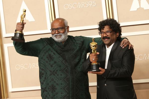 M.M. Keeravaani and Chandrabose at the 95th Annual Academy Awards held at Dolby Theatre on March 12, 2023 in Los Angeles, California. 