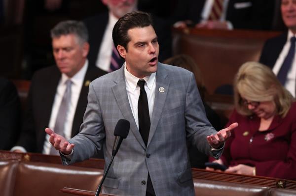Matt Gaetz delivers remarks in the House chamber on Friday.