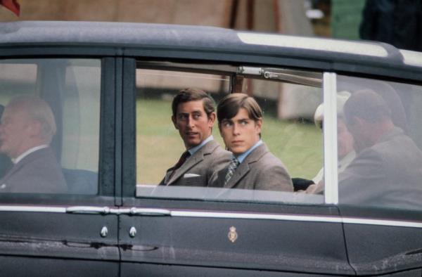 Charles, Prince of Wales and Prince Edward, Earl of Wessex as they ride in a Rolls Royce in Windsor, England, circa 1975.