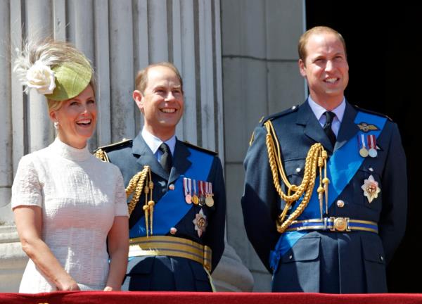 Sophie, Countess of Wessex, Prince Edward, Earl of Wessex and Prince William, Duke of Cambridge watch a flypast of Spitfire & Hurricane aircraft from the balcony of Buckingham Palace.