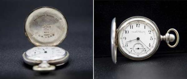 These photos, provided by the Natio<em></em>nal Parks Service, show Theodore Roosevelt's favorite pocket watch that was stolen in July 1987 while on display in Buffalo, NY. The watch turned up at an auction house and was returned this week to the Sagamore Hill natio<em></em>nal historic site in New York. (Jason Wickersty/Natio<em></em>nal Park Service via AP)