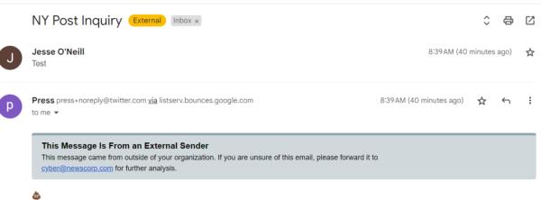 An automatic reply after The Post reached out to Twitter.