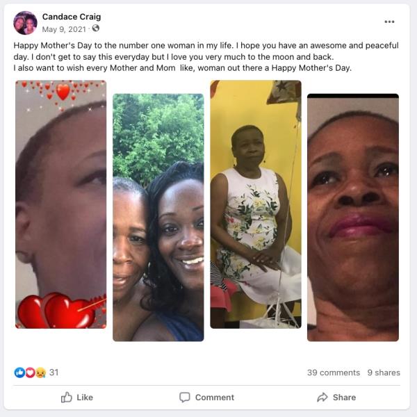 Candance Craig's 2021 Mother's Day Facebook post 