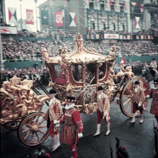 Queen Elizabeth II rides in the Gold State Coach though Piccadilly during her coro<em></em>nation ceremony, London, England, June 2 1953