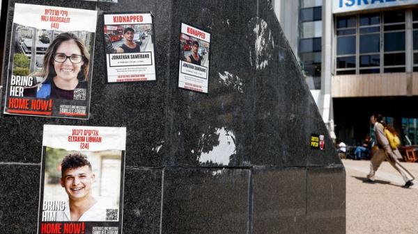 Pictures of the hostages displayed in Tel Aviv. Pic: Reuters