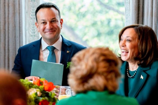 Ireland's Taoiseach Leo Varadkar, left, and Vice President Kamala Harris, right, attend a St. Patrick's Day breakfast at the Vice President's residence.