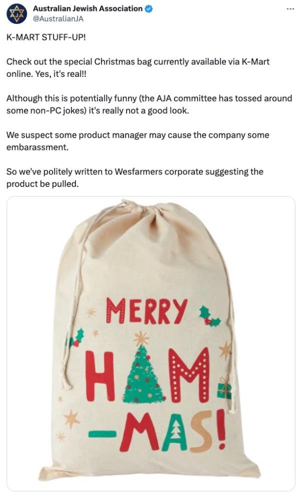 Australian Kmart pulls ?Merry Ham-Mas? bag after outcry</p>

<p>　　